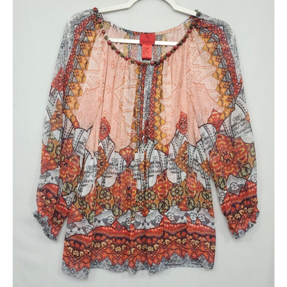 V Cristina Tunic Sheer Beaded Neckline Multi Print Pleasant Sleeve Women S Boho
